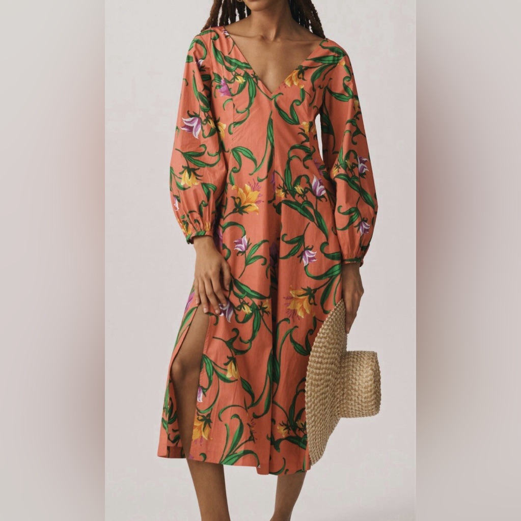 Anthropologie Long-Sleeve V-Neck Floral Dress Midi Dress Sz Xs